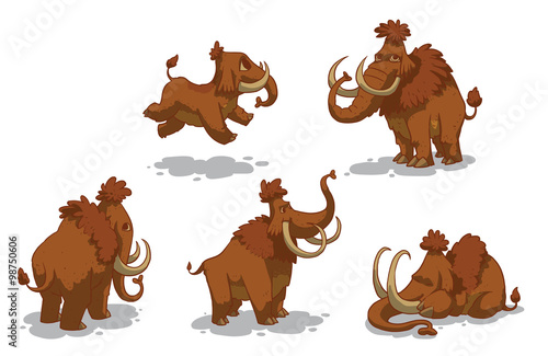 Vector Set of mammoths. Cartoon image of brown woolly mammoths in different poses on a light background.