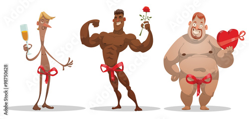 Vector cartoon image of three men congratulating: lean, athletic and thick with red bows at the waist, with champagne, chocolates and a rose on a light background.