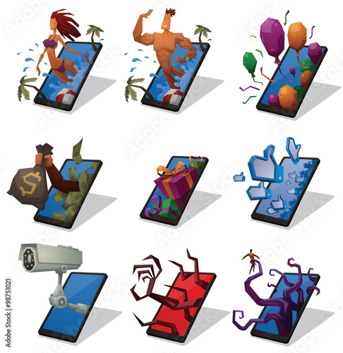 Vector Set of smartphones. Set of cartoon illustrations of smartphones with different themes: holidays, holiday, gifts, money, business, danger, spy and addiction on a light background.