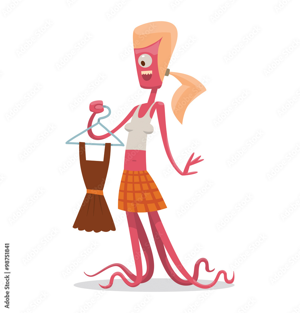 Vector cartoon image of a funny pink monster female with blond hair, with one eye, with two arms and tentacles instead of legs, with a brown dress in her hand on a light background. Vector cartoon image of a funny pink monster female with blond hair, with one eye, with two arms and tentacles instead of legs, with a brown dress in her hand on a light background.