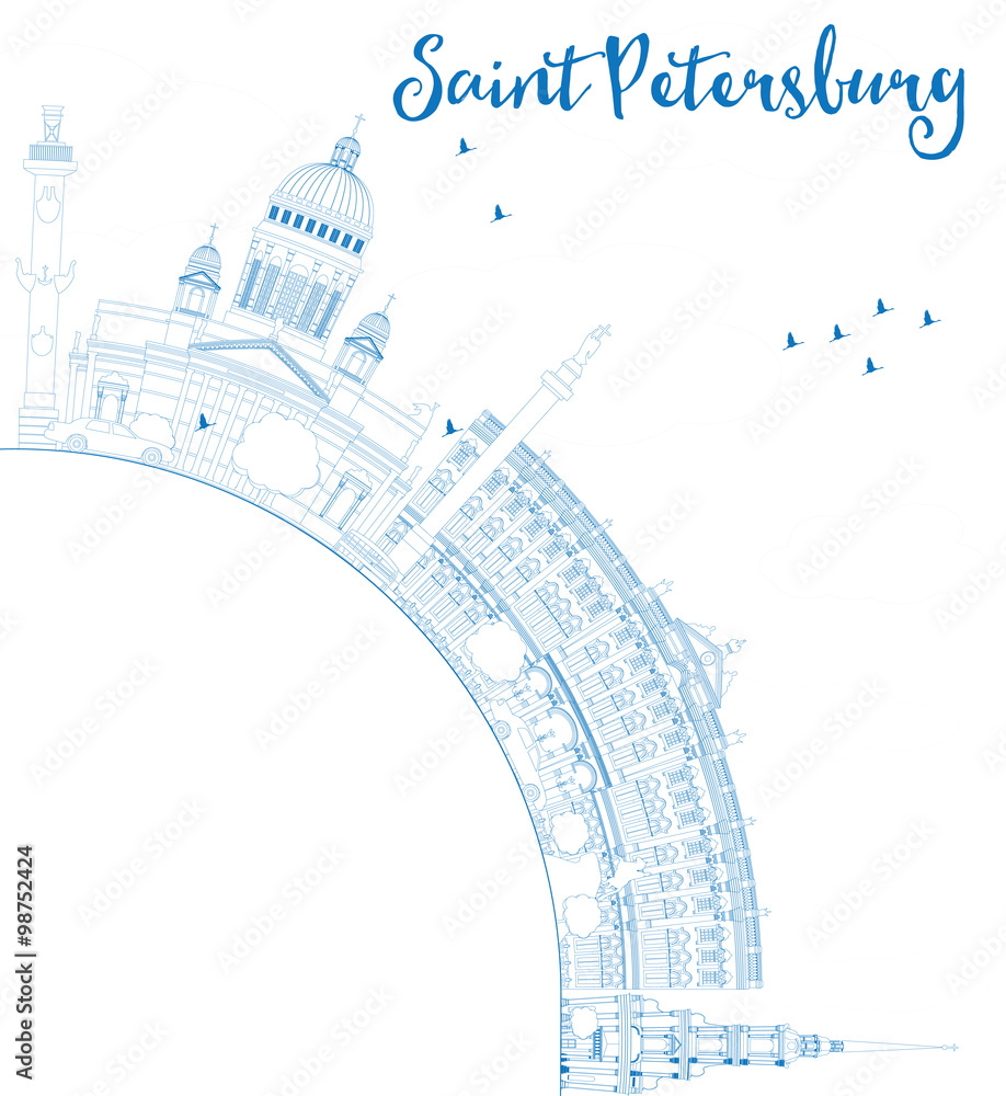 Outline Saint Petersburg skyline with blue landmarks and copy space. Some elements have transparency mode different from normal.