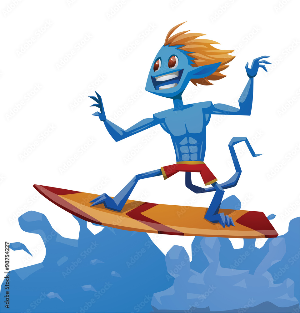 Vector cartoon image of blue male monster of surfing with blond hair, with a tail in red shorts standing on a red-orange surfboard on the blue sea waves on a light background.