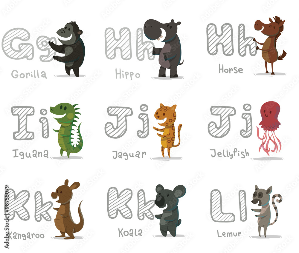 Vector Alphabet Animals, letters G-L. Cartoon image of letters of the alphabet G to L with animals: gorilla, hippo, horse, iguana, jaguar, jellyfish, kangaroo, koala and lemur on a light background.