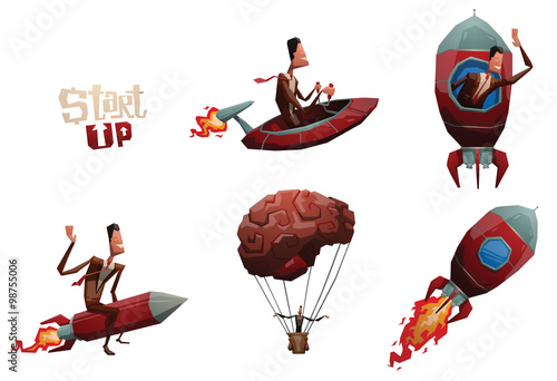 Vector Set of start up with businessmen. Set of businessmen in a brown suit that seeks to start up on the red rockets, brain balloon, spaceship on a light background. 