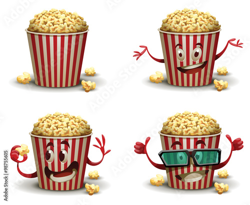 Vector Set of Popcorn Buckets. Cartoon image of four red and white striped bucket of popcorn with different emotions on a light background.