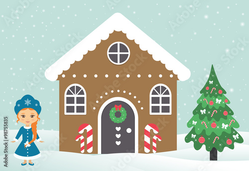 christmas house building with snow maiden and fir-tree