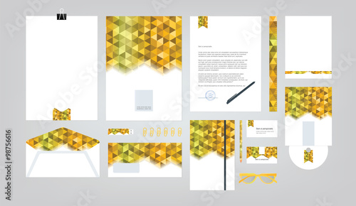 Corporate identity template. Vector company style for brand book and guideline. Folder  pen  envelope  business card  CD disc  flash memory card  pencil  ruler  glasses  and blank sheet.
