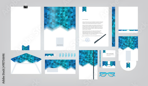 Corporate identity template. Vector company style for brand book and guideline. Folder, pen, envelope, business card, CD disc, flash memory card, pencil, ruler, glasses, and blank sheet.