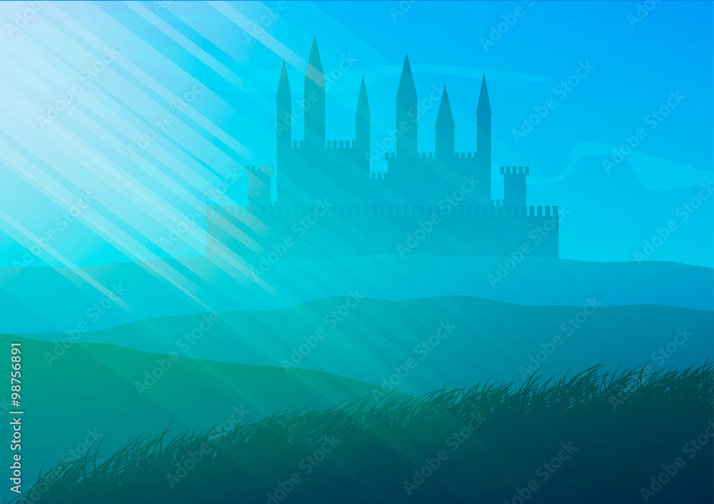 Vector illustration. Castle on the hills.