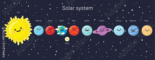 Solar system with cute smiling planets, sun and moon.