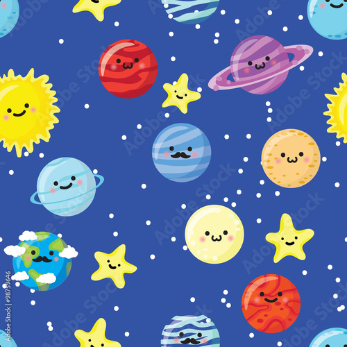 Seamless pattern with cute smiling plants, sun, stars and moon