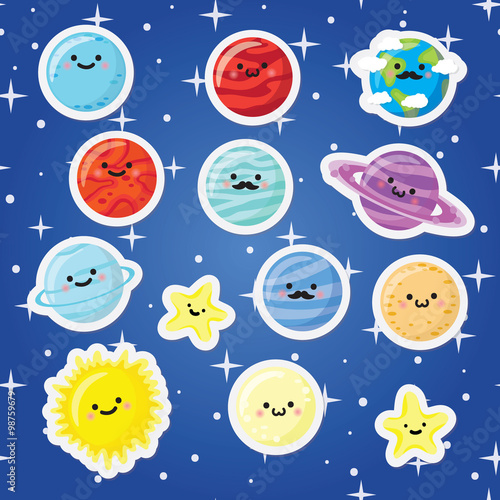 Set of stickers with cute smiling planets, stars and moon
