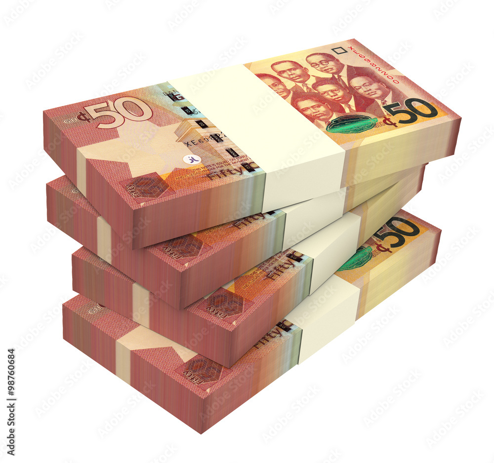 Ghanaian cedi bills isolated on white background. Computer generated 3D