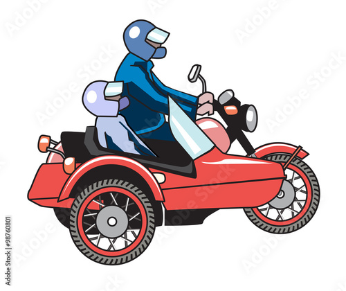 Retro motorcycle with sidecar with two passengers