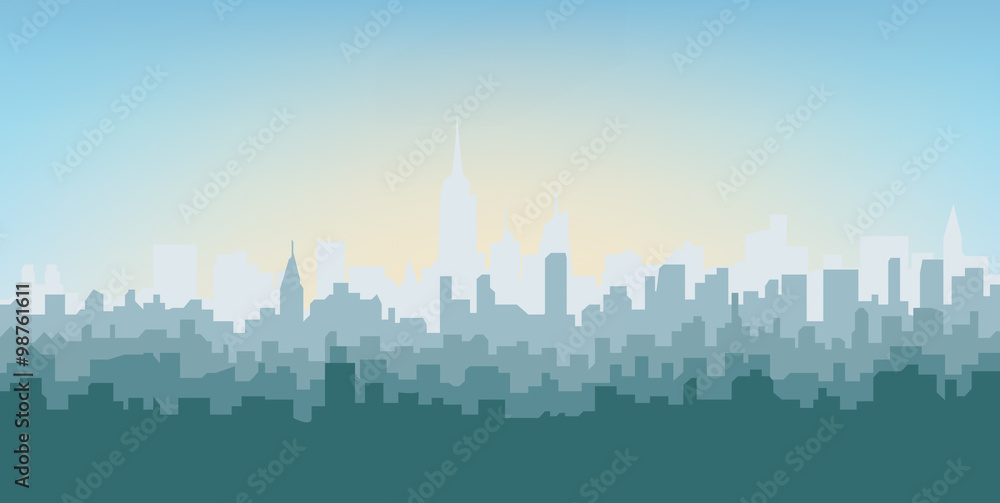 Morning city silhouette. Silhouette of the city at sunrise. Silhouette of New York