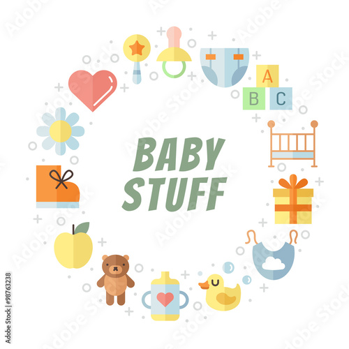 Baby (girl and boy) stuff flat multicolored cute vector circle frame. Modern minimalistic design (part two).