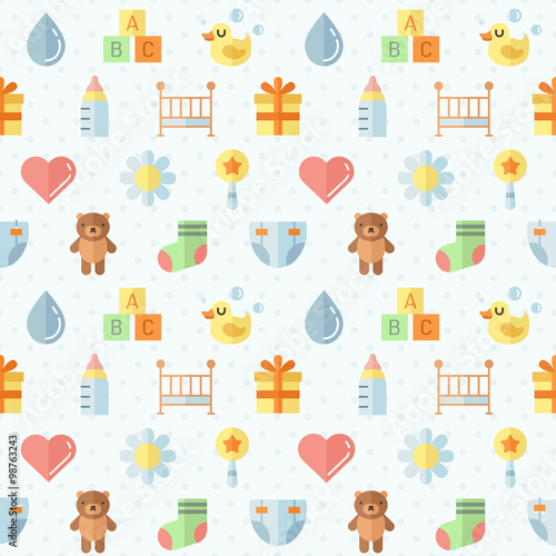 Baby (girl and boy) stuff flat multicolored cute vector seamless pattern. Modern minimalistic design. Part two.