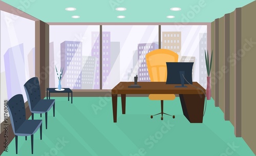 
Office interior. Office room. Vector office interior in flat style. Armchair and table, computer and 

phone, view from the window on megapolis, skyscrapers. Business concept