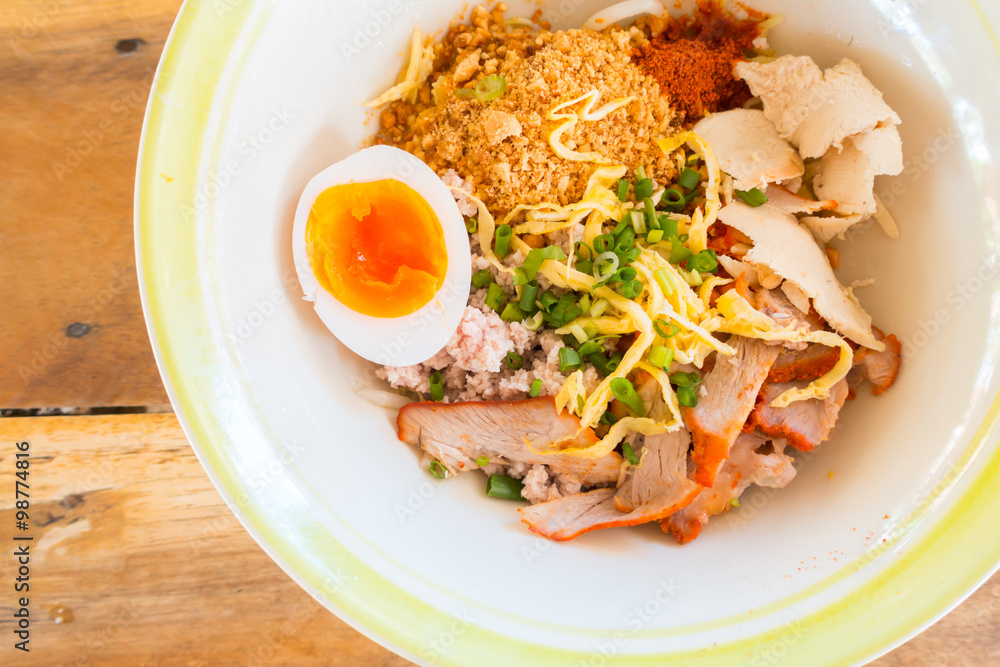 Asian red pork noodle with egg soup Asian red pork noodle with egg soup