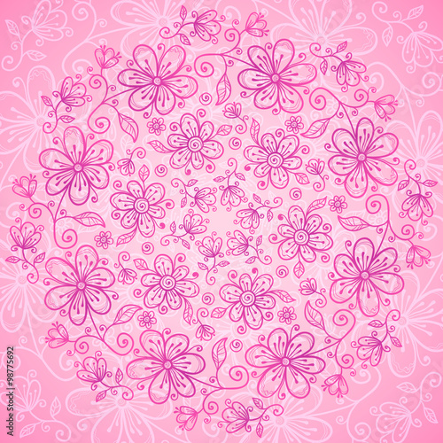 Pink vintage doodle flowers vector background
