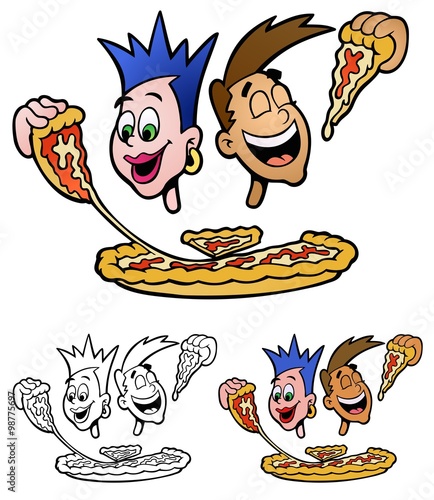 Teenagers eating pizza.  Includes no gradient and black only versions
