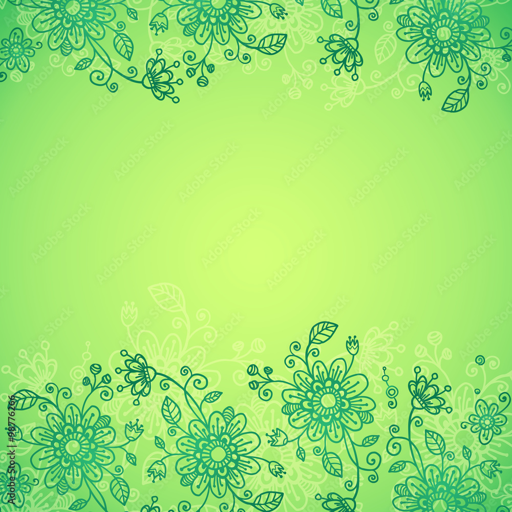 Green doodle flowers vector background