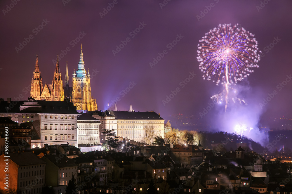 Prague fireworks during New Year Celebration near St. Vitus Cathedral, Prague, Czech republic