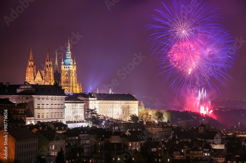 Photography Prague fireworks during New Year Celebration near St