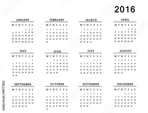 Calendar for 2016 on white background.