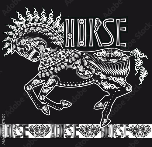 patterned silhouette of a running horse, monochrome
