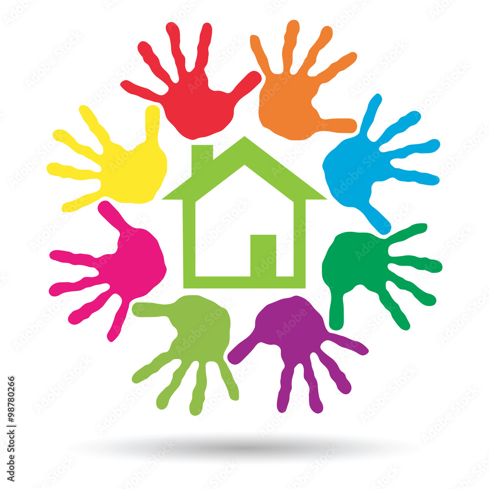 Vector concept circle of hands, green house symbol Vector concept circle of hands, green house symbol