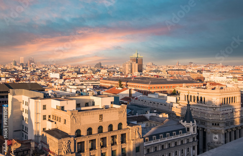 Madrid, Spain - December 21, 2015: Aerial view of Madrid downtown from Grand Via(one of the most important street in Madrid).