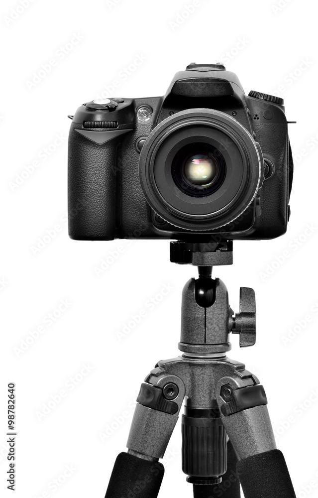 DSLR camera on a tripod, isolated on a white background.