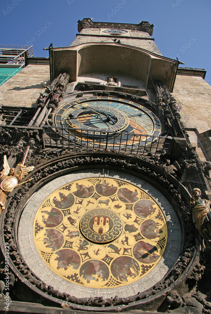 PRAGUE, CZECH REPUBLIC - APRIL 19, 2010: Prague Astronomical Clock (Prague Orloj) on the wall of Old Town City Hall, Prague, Czech Republic