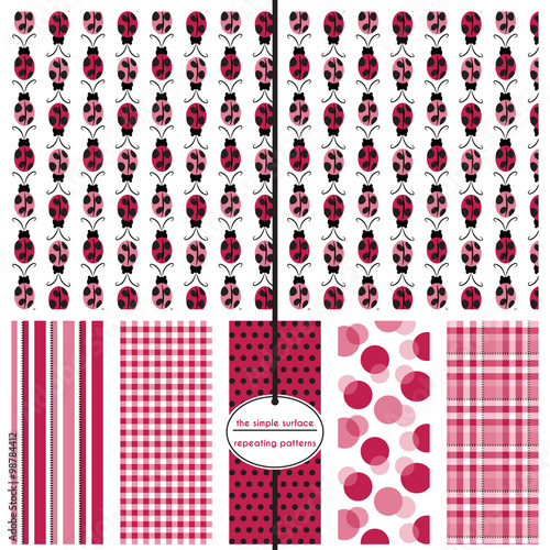Ladybug seamless pattern set. Repeating patterns for baby shower paper, gift wrap, fabric, kids apparel and more. Ladybug, stripe, gingham, polka dot, bubble and plaid prints. Sweet, cute, simple, fun