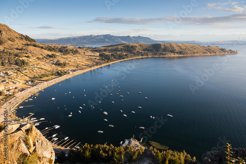 Sweeping view of Copacabana town and Lake Titicaca, Bolivia. 