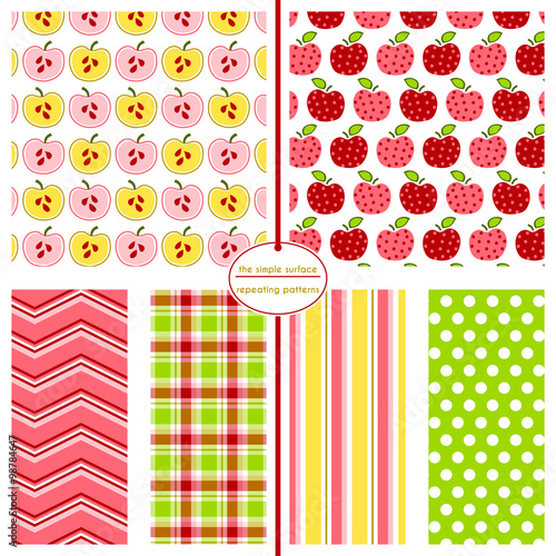 Apple seamless pattern set. Repeating patterns for fabric, scrapbook paper, gift wrap, backgrounds and more. Apple, chevron, plaid, stripe, and polka dot prints. Cute, sweet, simple fall apples.