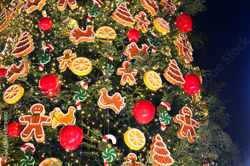 Close up view of decorated Christmas tree