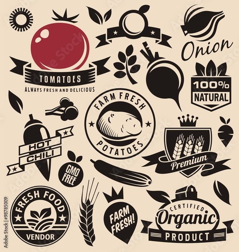Vegetables icons, labels, signs, symbols and design elements