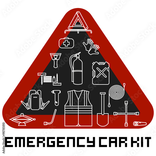 Emergency road kit items set. Car service and repairing equipment. Auto mechanic tools. Ice scraper and jumper cables. Triangle warning sign and flashlight. Vector isolated illustrations. Color