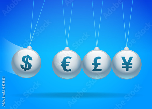 Forex newton's cradle with dollar,euro,pound and yen currencies illustration