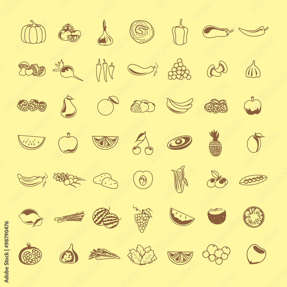 Thin Line Fruits And Vegetables Icons Set - Isolated On Background - Vector Illustration,Graphic Design Thin Line Fruits And Vegetables Icons Set - Isolated On Background - Vector Illustration,Graphic Design