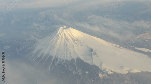 Aerial view of Mount Fuji covered in snow.
