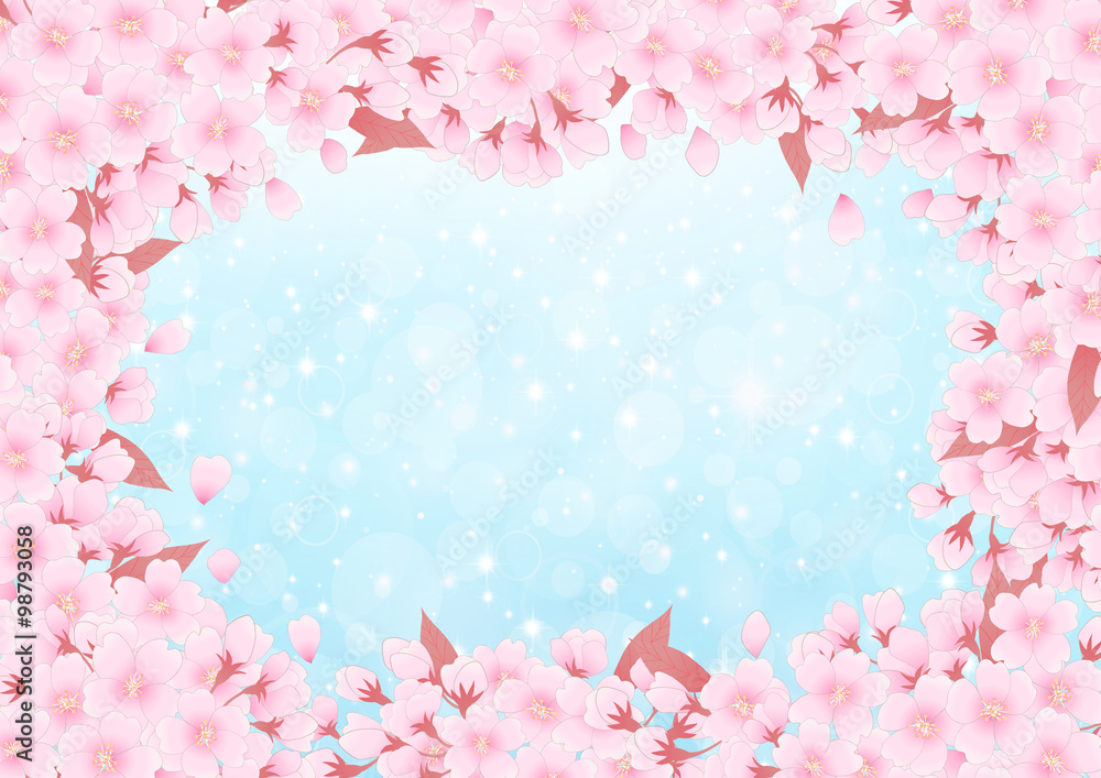 Obraz premium 桜の枠 水色キラキラ背景