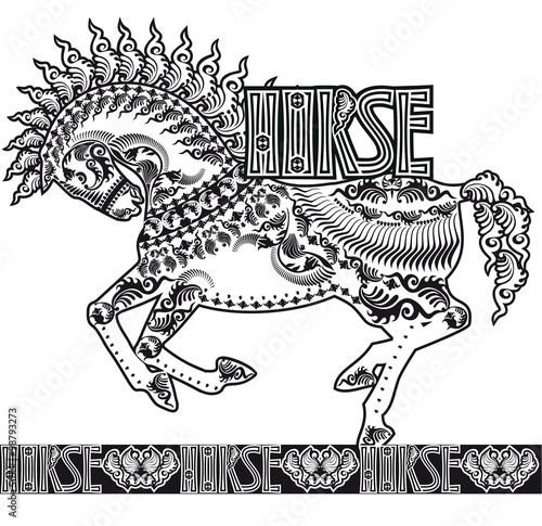patterned silhouette of a running horse, monochrome