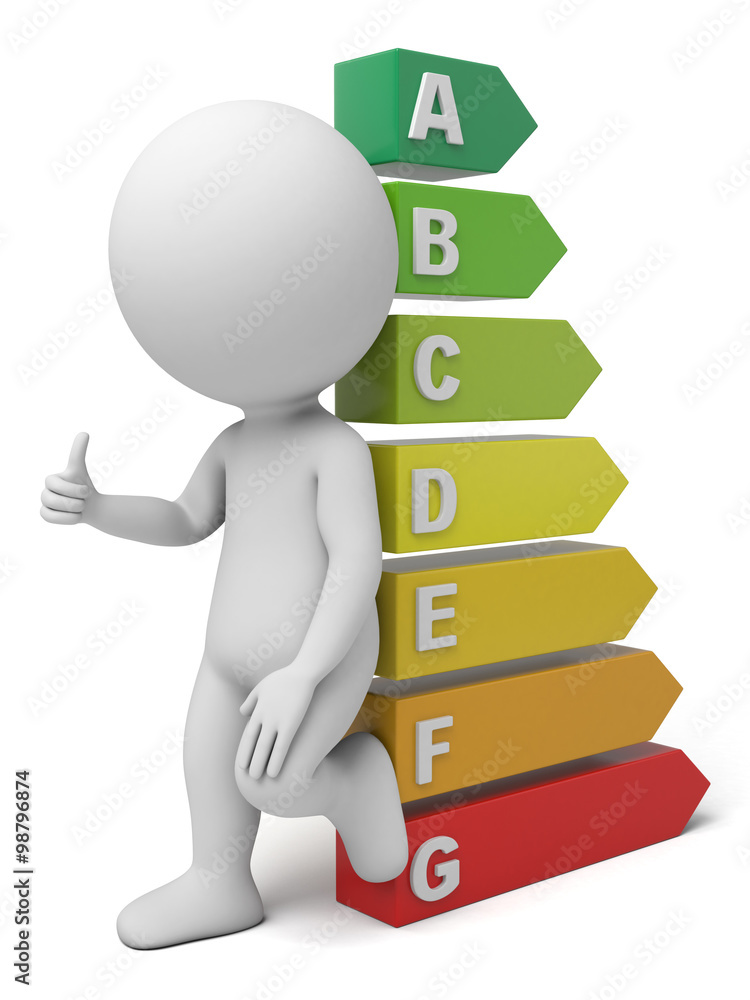 3d man, person. Human standing with hand on energy efficiency graph 3d man, person. Human standing with hand on energy efficiency graph