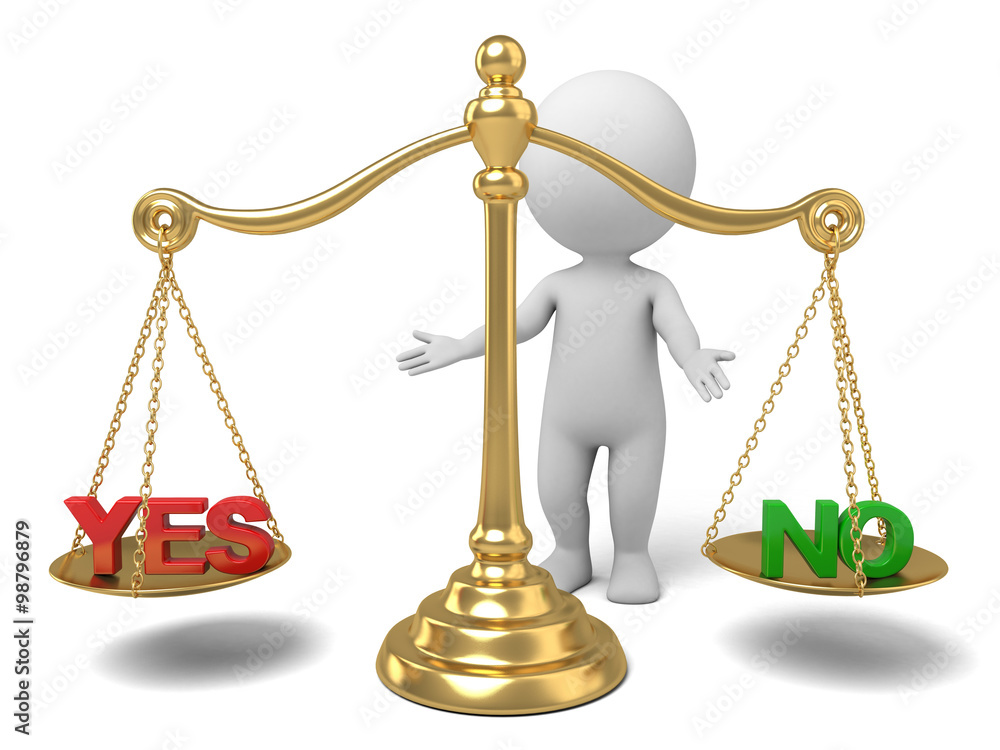 3d people with a scale, yes and no concept. 3d image. Isolated white background. 3d people with a scale, yes and no concept. 3d image. Isolated white background.