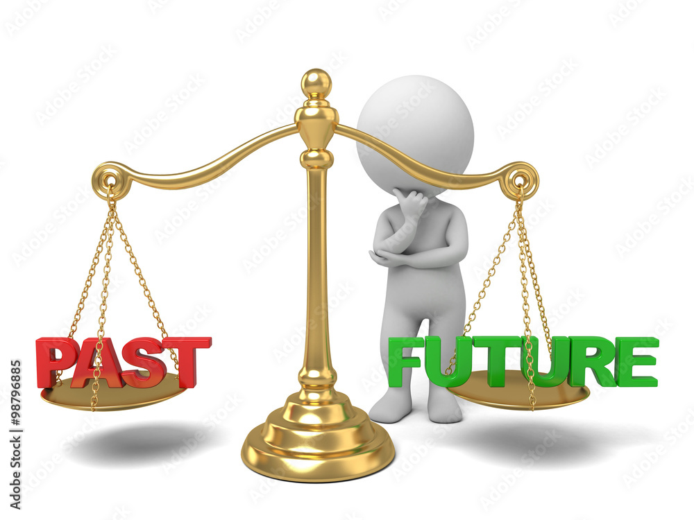 3d people with a scale, past and future concept. 3d image. Isolated white background. 3d people with a scale, past and future concept. 3d image. Isolated white background.