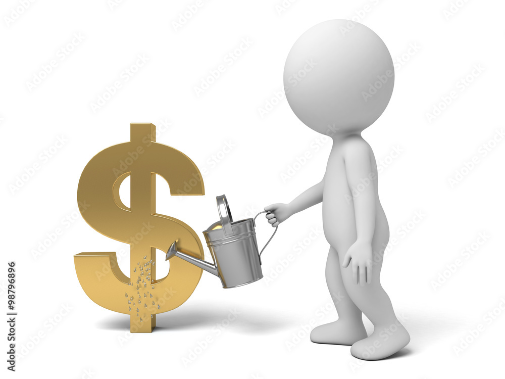 3d people watering a growing green dollar sign tree. 3d image. Isolated white background. 3d people watering a growing green dollar sign tree. 3d image. Isolated white background.
