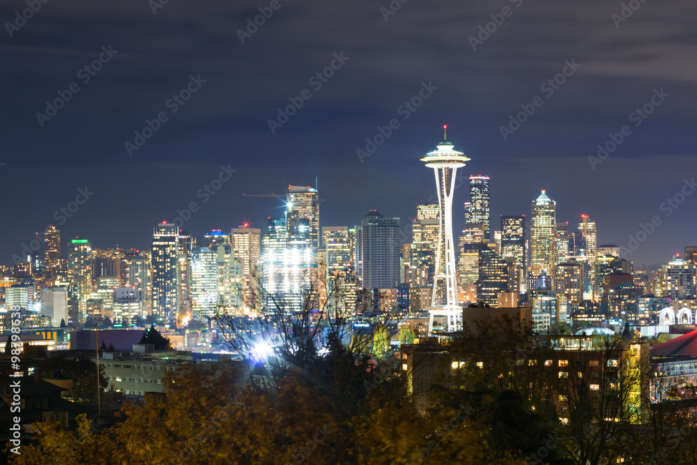 Fototapeta premium skyline and cityscape from forest at twilight